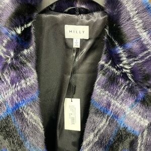 Milly Purple Plaid Faux Fur Coat with Blue & Black Accents